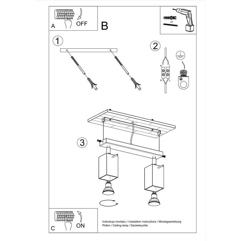 Sollux Lighting Merida 2L kattokohdevalaisimet teräs GU10, leveys 30cm