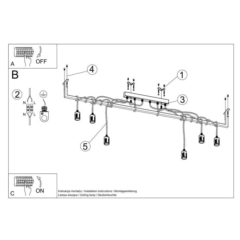 Sollux Lighting Salamanca 6L lineaire pendelplafondlamp staal E27