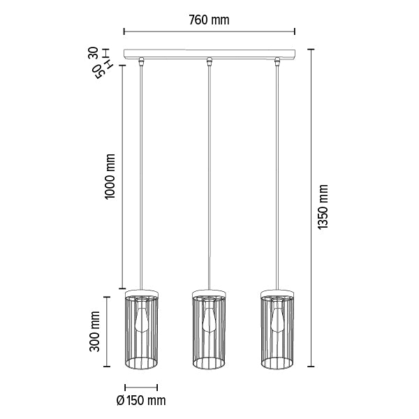 Lampadario a sospensione lineare Britop Lighting Timeo 3L E27, L 76cm