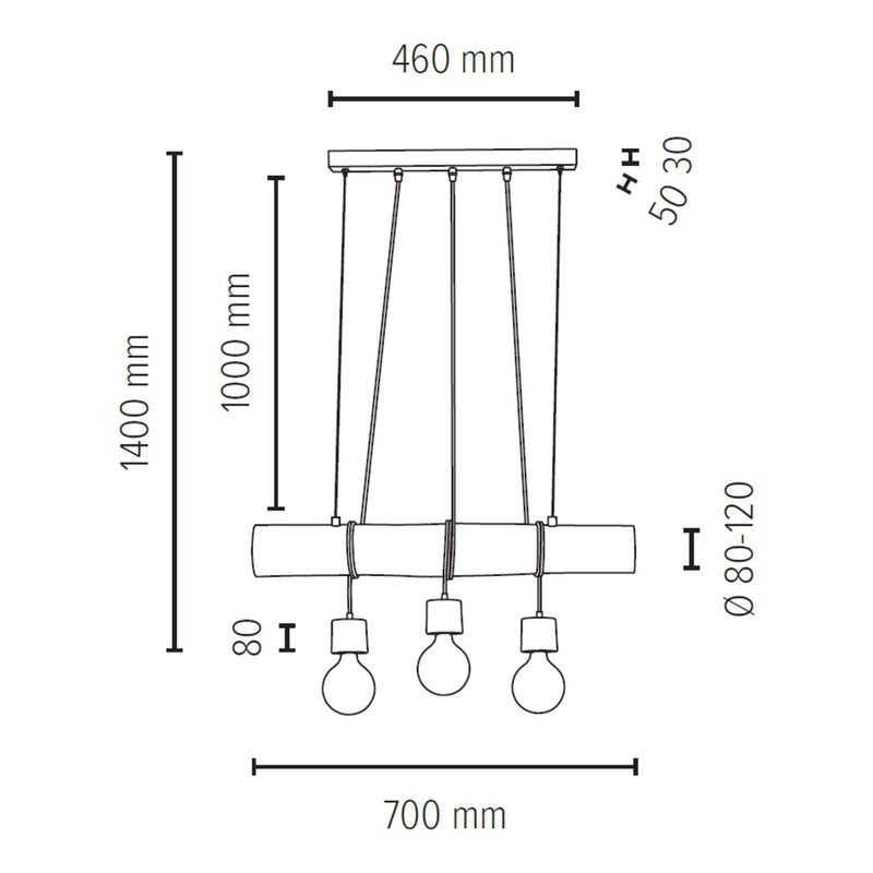 Trabo Pino Pendant Lamp 3xE27 Max.60W Natural Pine Black PVC/Black