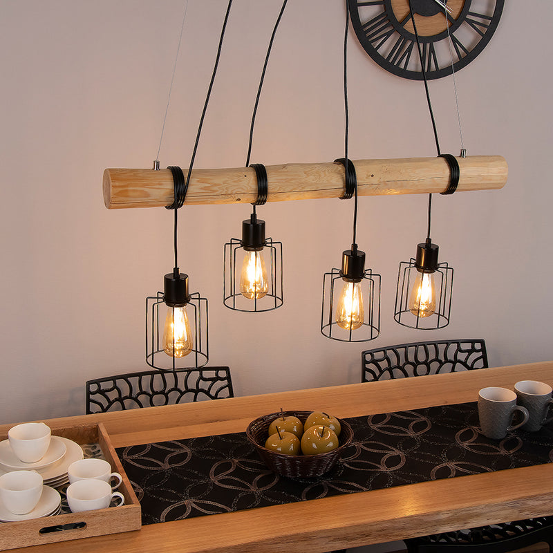 Keyla Pendant Lamp 4xE27 Max.60W Black/Natural Pine/Black PVC/Black