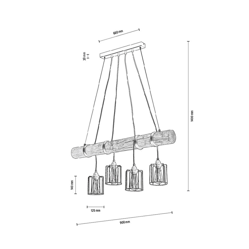 Keyla Pendant Lamp 4xE27 Max.60W Black/Natural Pine/Black PVC/Black