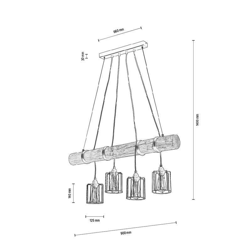 Keyla Pendant Lamp 4xE27 Max.60W Black/Natural Pine/Black PVC/Black