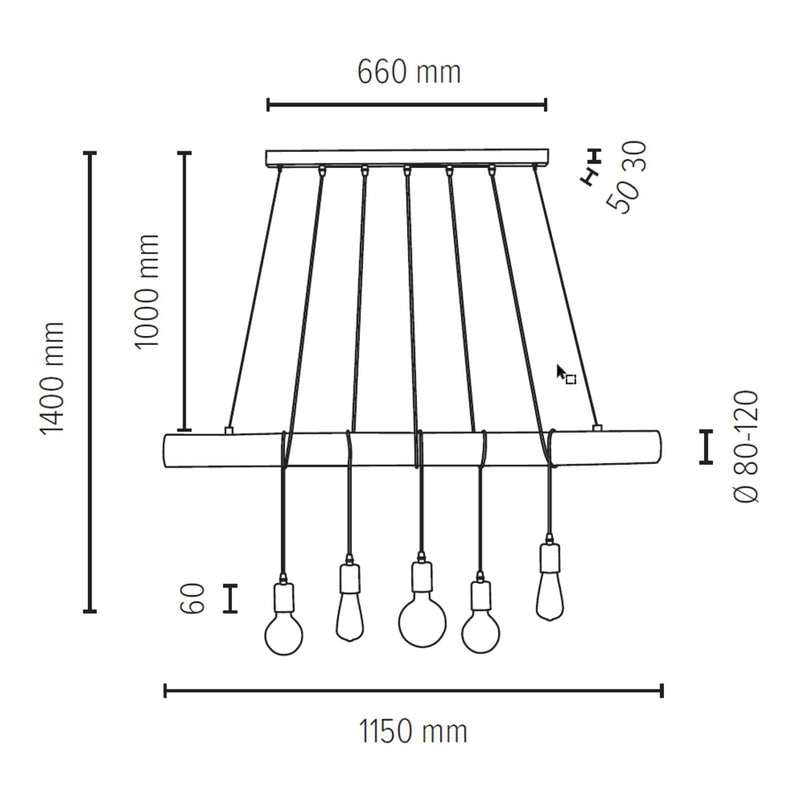 Trabo Long Pendant 5xE27 Max.60W Natural Pine/Black