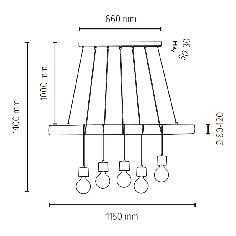 Trabo Pino Pendant Lamp 5xE27 Max.60W Natural Pine/Black PVC/Black