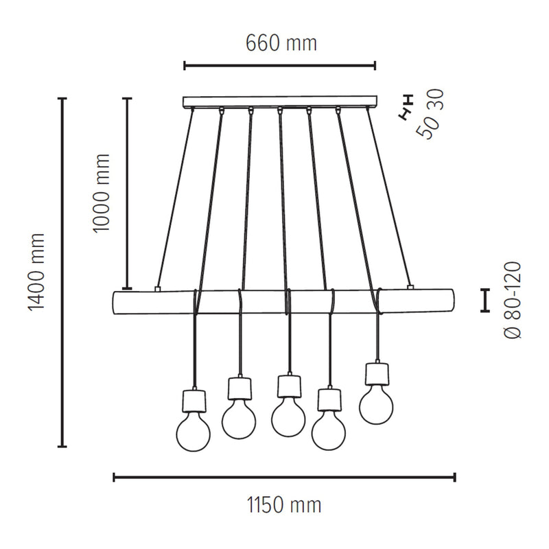 Trabo Pino Pendant Lamp 5xE27 Max.60W Natural Pine/Black PVC/Black