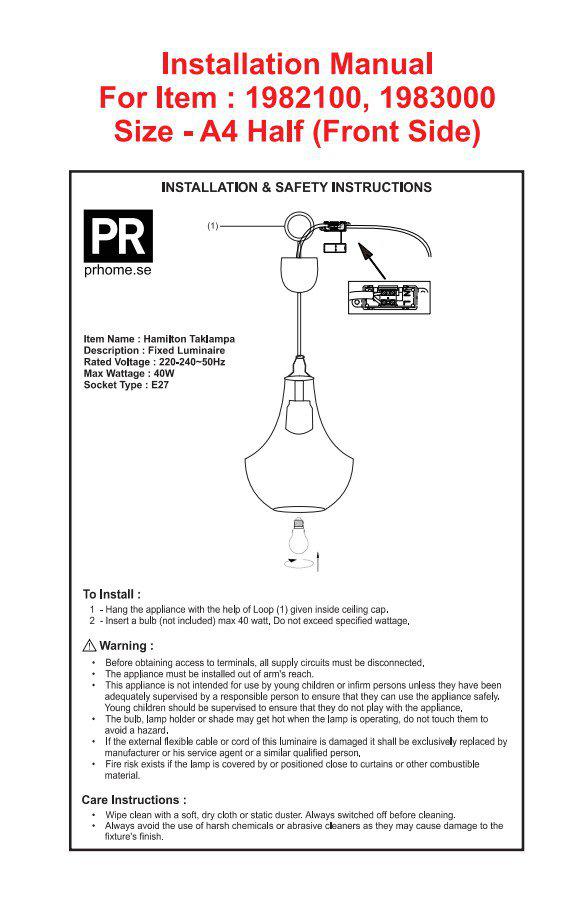 PR Home Hamilton 1L pendant lamp E27 D 21cm