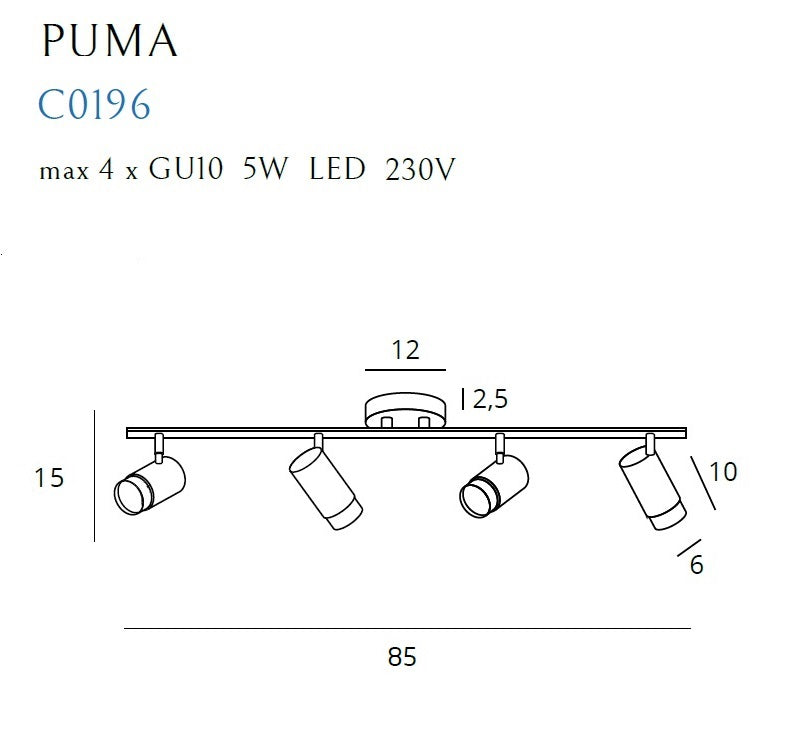 Maxlight Puma 4L monorail lampe GU10, L 85cm