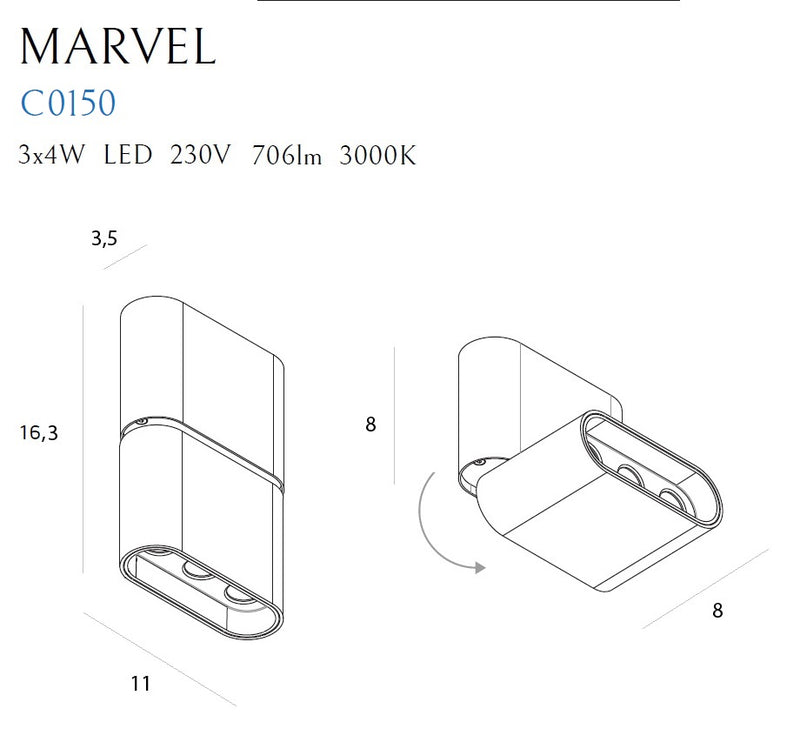 Maxlight Marvel 1L accentwandlamp LED, zwart