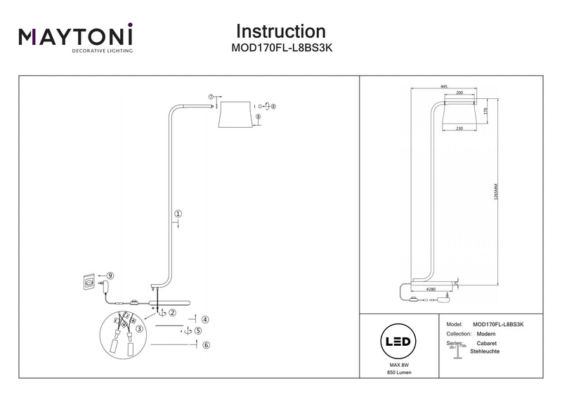 Maytoni Cabaret 1L vloerlamp, messing LED H 126,5 cm