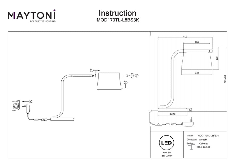 Maytoni Cabaret 1L bordlampe, messing LED H 48,5cm