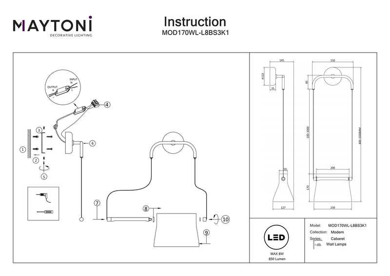 Applique Maytoni Cabaret 1L, laiton LED H 330cm