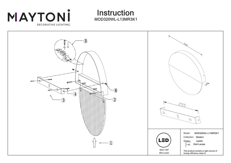 Maytoni Jupiter 1L aplique lavadora, mármol LED D 30cm