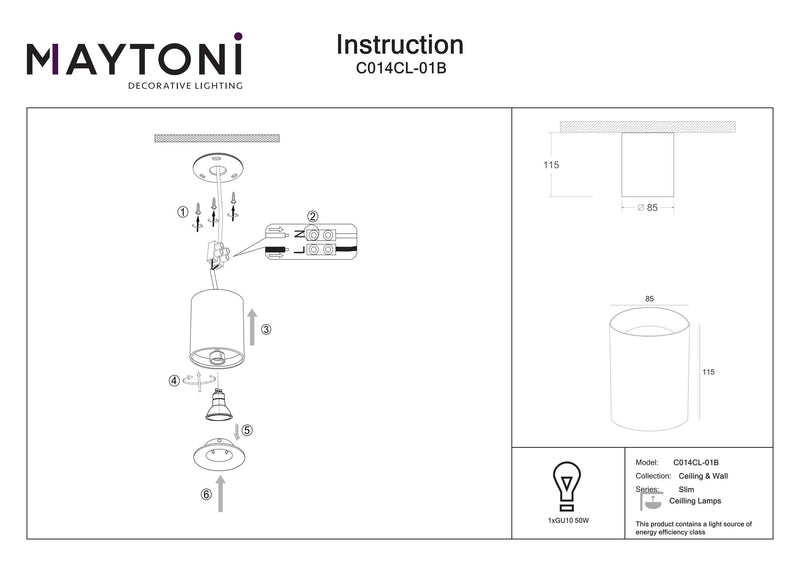 Faretto da soffitto Maytoni Slim 1L, nero GU10 D 8,5 cm