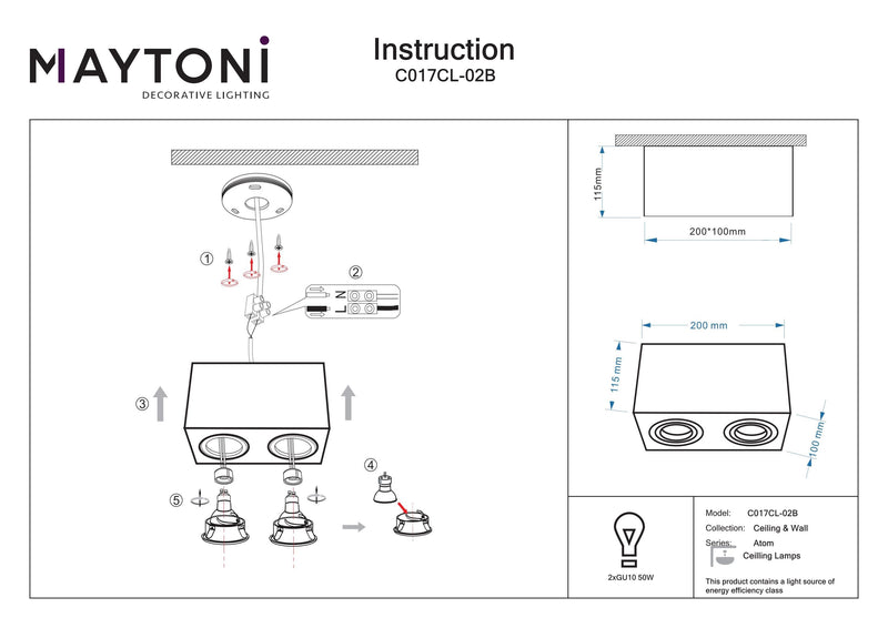 Maytoni Atom 2L kattovalaisin, musta GU10 K 11,5cm