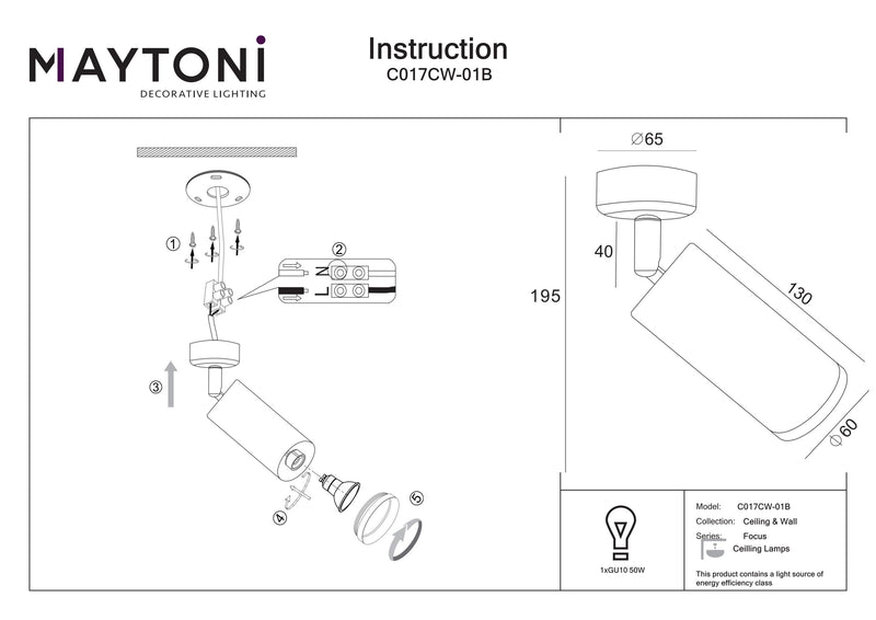 Maytoni Focus 1L ceiling spotlight, black GU10 D 6cm