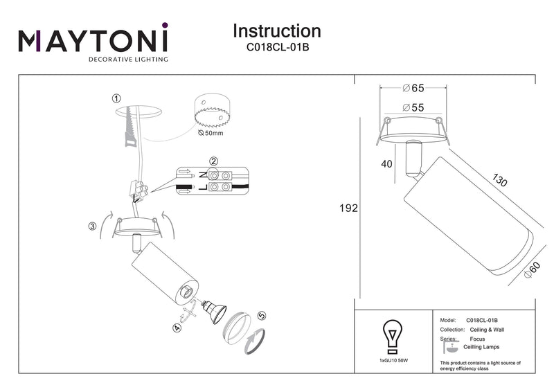 Maytoni Focus 1L kattovalaisin, musta GU10 D 6cm