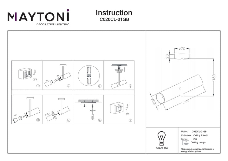 Maytoni Elti 1L kohdevalo, musta kulta GU10 D 5,3cm