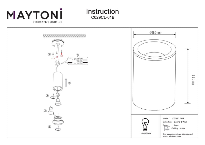 Maytoni Zoom 1L ceiling spotlight, black GU10 D 8.5cm