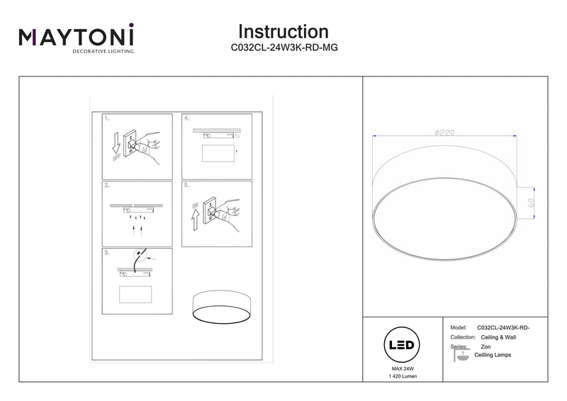 Maytoni Zon 1L plafonnier encastrable LED D 22cm