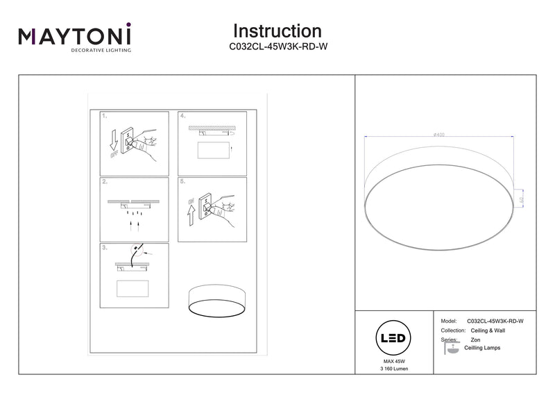 Maytoni Zon 1L Plafón empotrable LED D 40cm