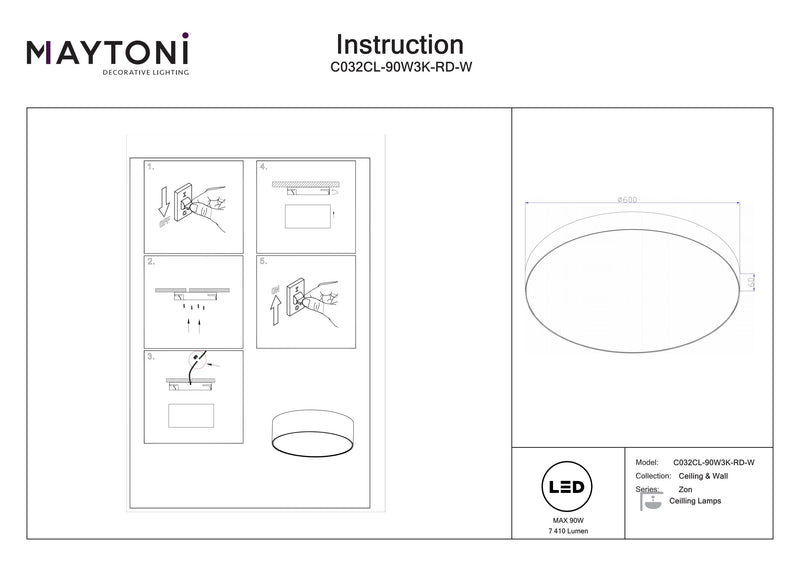 Maytoni Zon 1L Plafón empotrable LED D 60cm