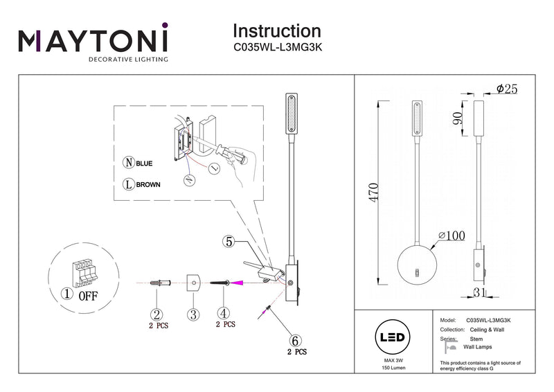 Maytoni Stem 1L Akzent-Wandleuchte, mattgoldene LED, H 47 cm