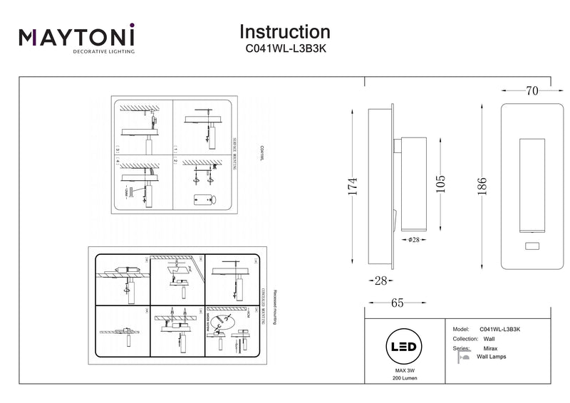 Maytoni Mirax 1L Akzentwandleuchte LED H 18,6cm