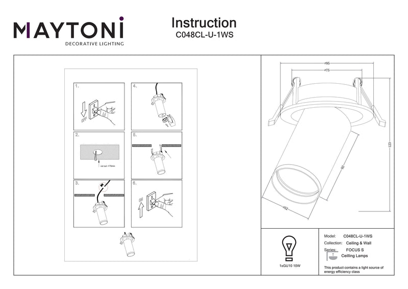 Maytoni FOCUS S 1L ceiling spotlight, white GU10 D 5.2cm