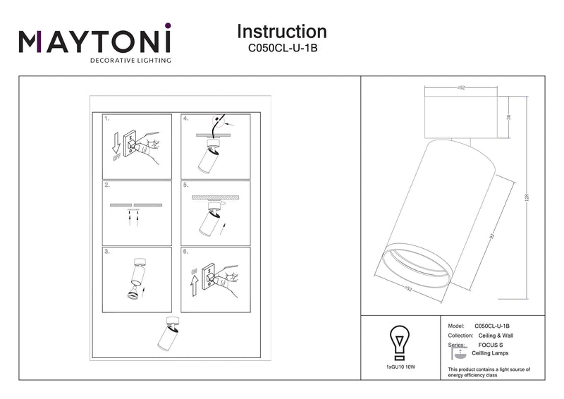 Maytoni FOCUS S 1L ceiling spotlight GU10 D 5.2cm