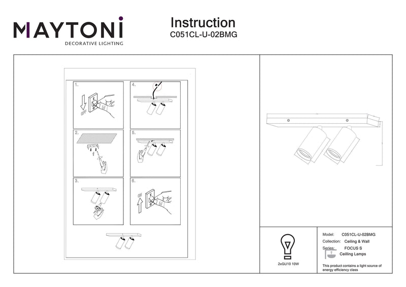 Maytoni FOCUS S 2L kattokohdevalaisin GU10 H 12cm