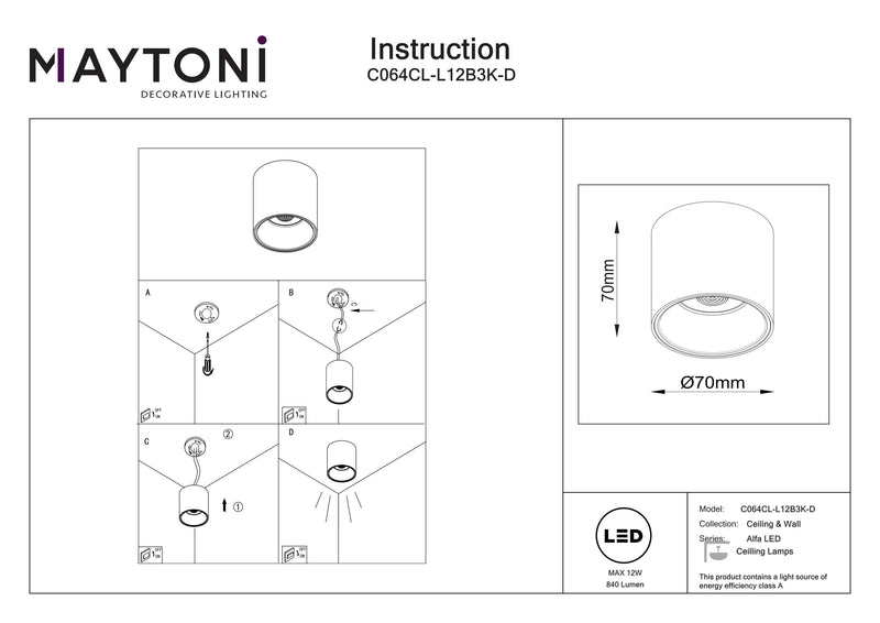 Maytoni Alfa LED 1L kattokohdevalaisin, musta LED D 7cm