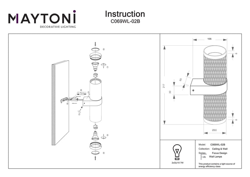 Maytoni Focus Design 2L accentwandlamp, GU10 D 6cm