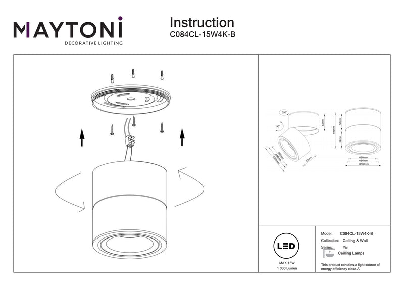 Maytoni Yin 1L ceiling spotlight, black LED D 10cm