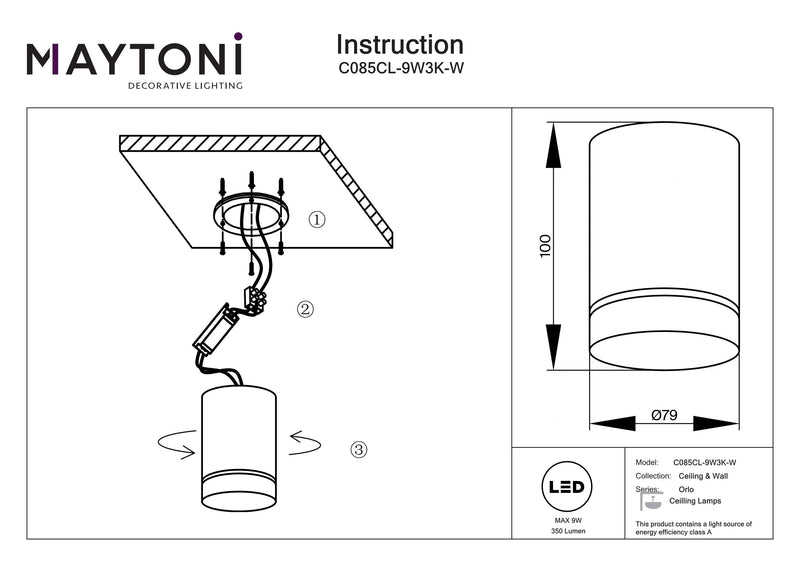 Maytoni Orlo 1L ceiling spotlight, black LED D 7.9cm