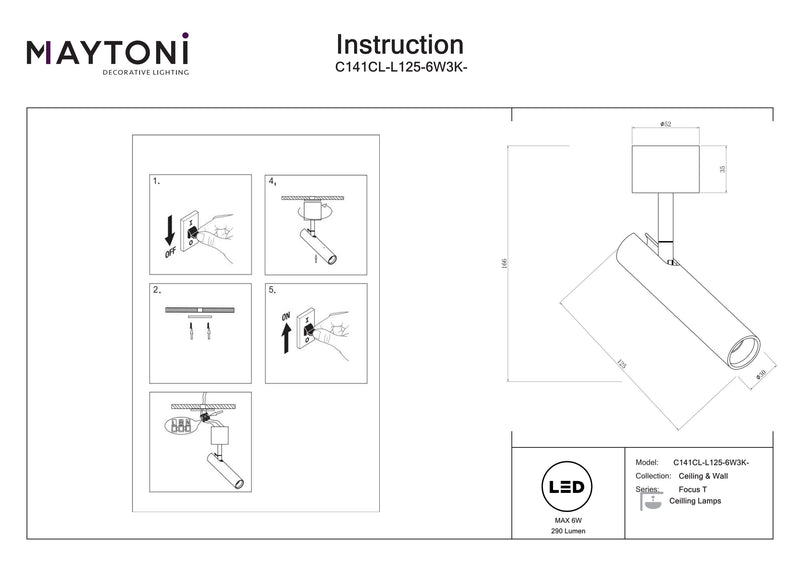 Maytoni Focus T 1L ceiling spotlight, black LED D 3cm