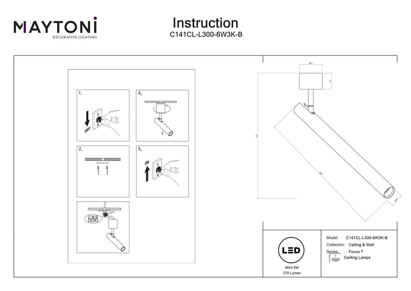 Maytoni Focus T 1L ceiling spotlight, LED H 34.1cm