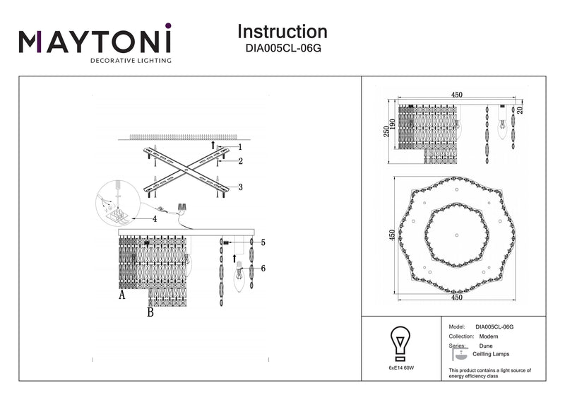 Maytoni Lámpara de techo empotrada Dune 6L, oro E14 Alt. 25cm