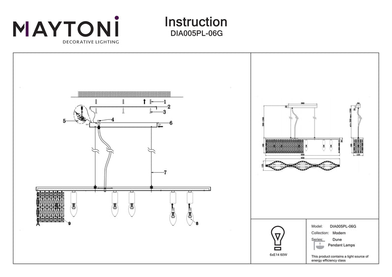 Maytoni Dune 6L lineær ophængt loftslampe, guld E14 H 138cm