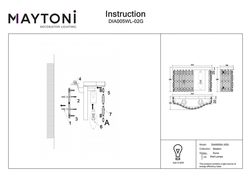 Maytoni Aplique de pared Dune 2L, dorado E14 Al. 18cm