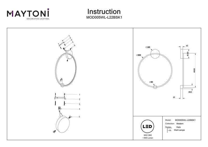 Maytoni Halo 1L Wandleuchte, Messing LED D 40cm