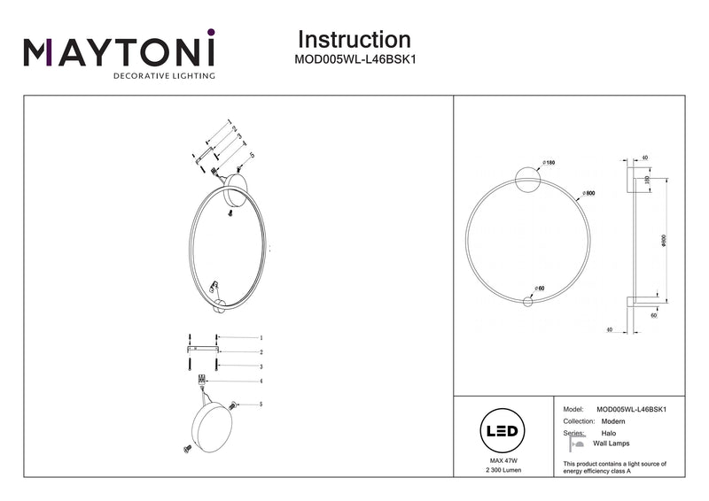 Maytoni Halo 1L wall sconce lamp, brass LED D 80cm