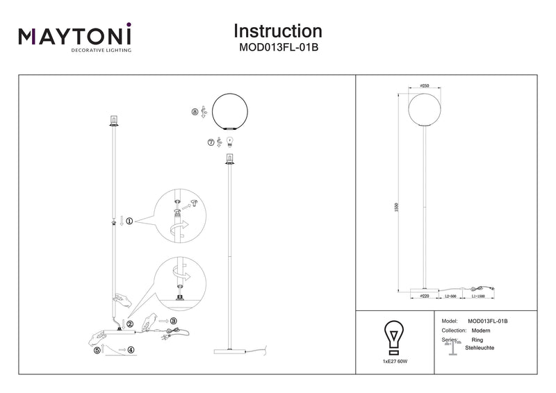 Maytoni Ring 1L vloerlamp,E27 H 125cm