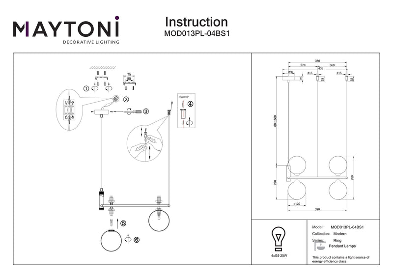 Maytoni Ring 4L pendant lamp, brass G9 D 40cm