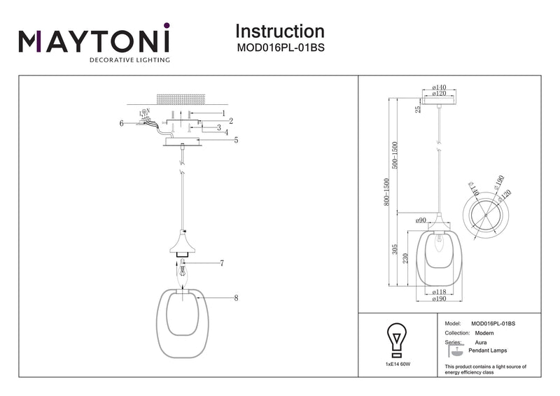 Lampada a sospensione Maytoni Aura 1L, ottone E14 D 19 cm