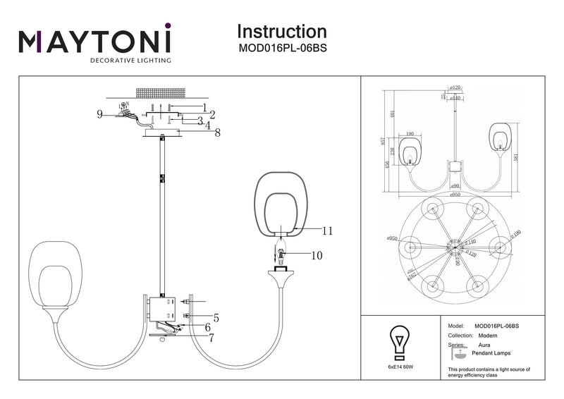 Maytoni Aura 6L kattokruunu, messinki E14 D 95cm