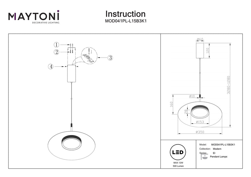 Maytoni El 1L hanglamp, zwarte LED D 35cm