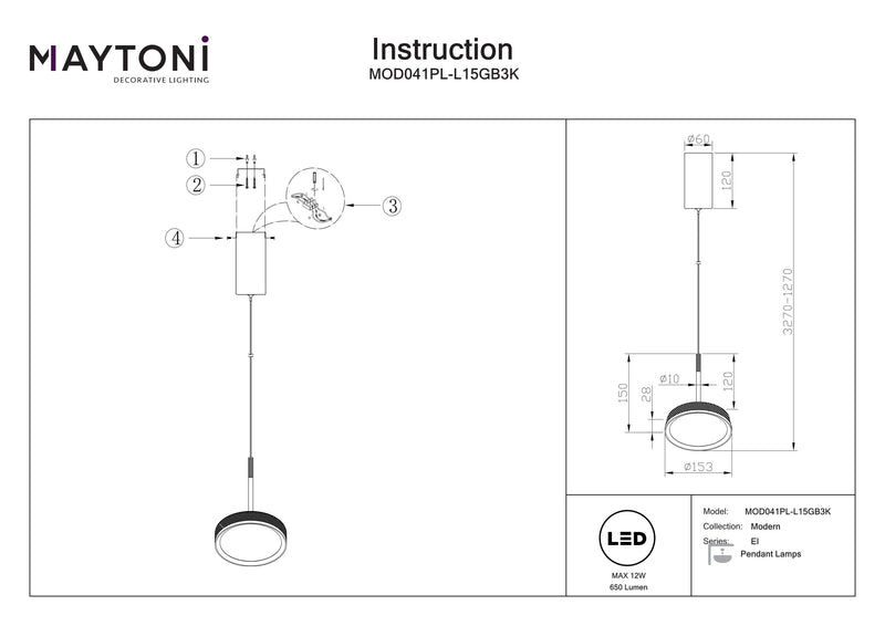 Maytoni El 1L lámpara colgante, negro LED D 15,3cm