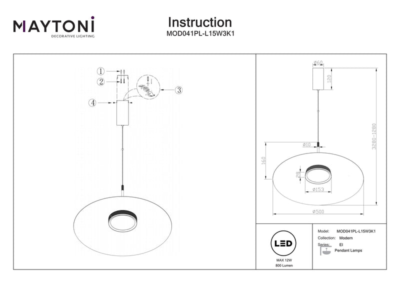 Maytoni El 1L riippuvalaisin, valkoinen LED D 50cm