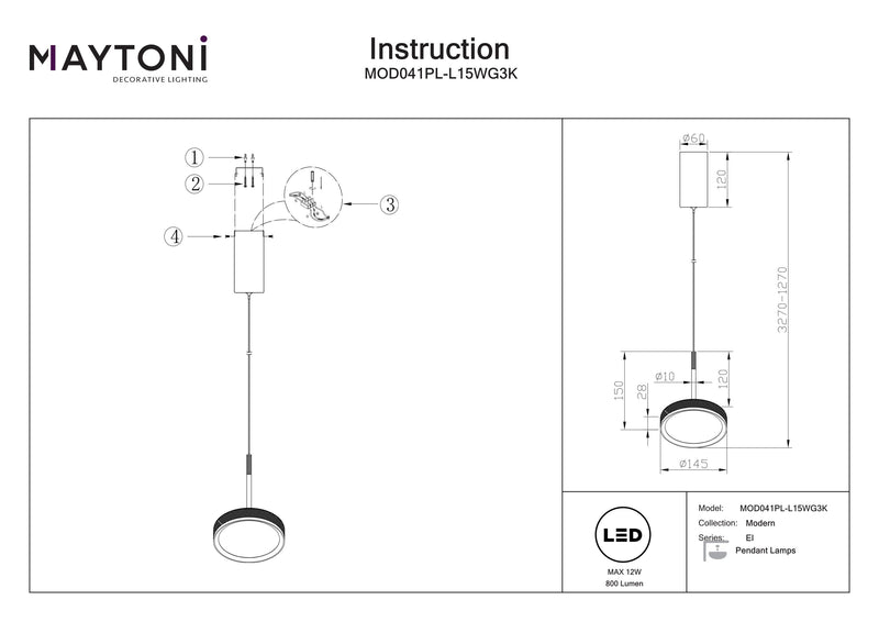 Maytoni El 1L pendant lamp, black LED D 15.3cm